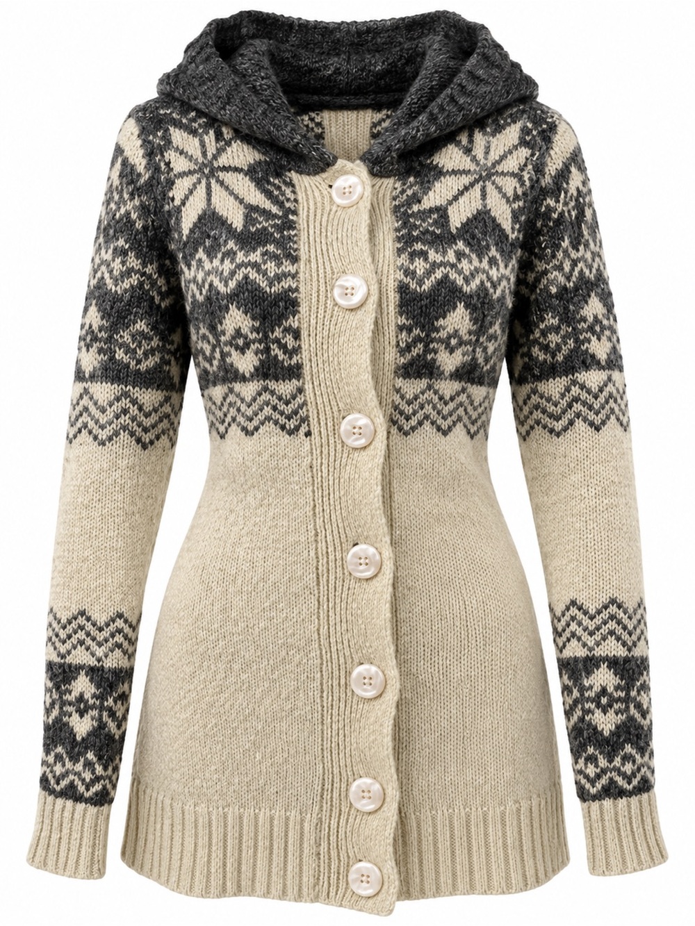 Handmade OOAK Fair Isle Hooded Cardigan Sweater Cream Gray Small